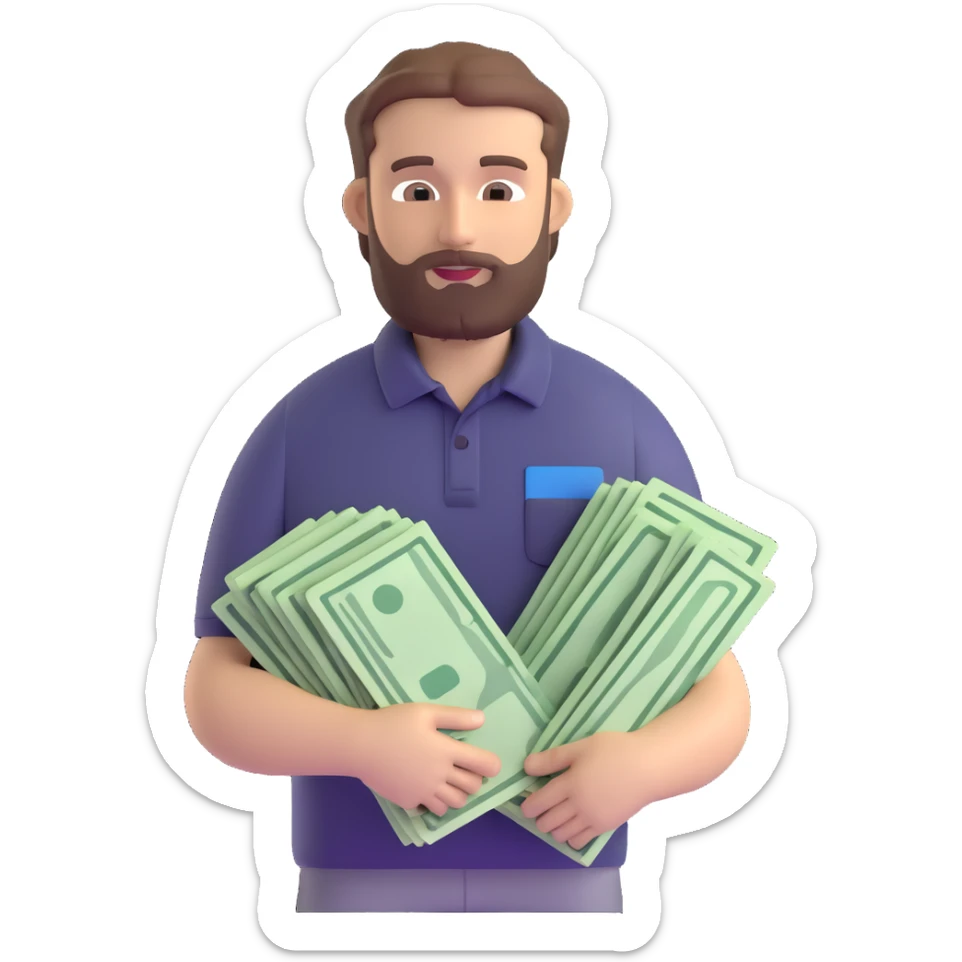 bearded brown-haired man in a polo shirt holding bundles of bills sticker
