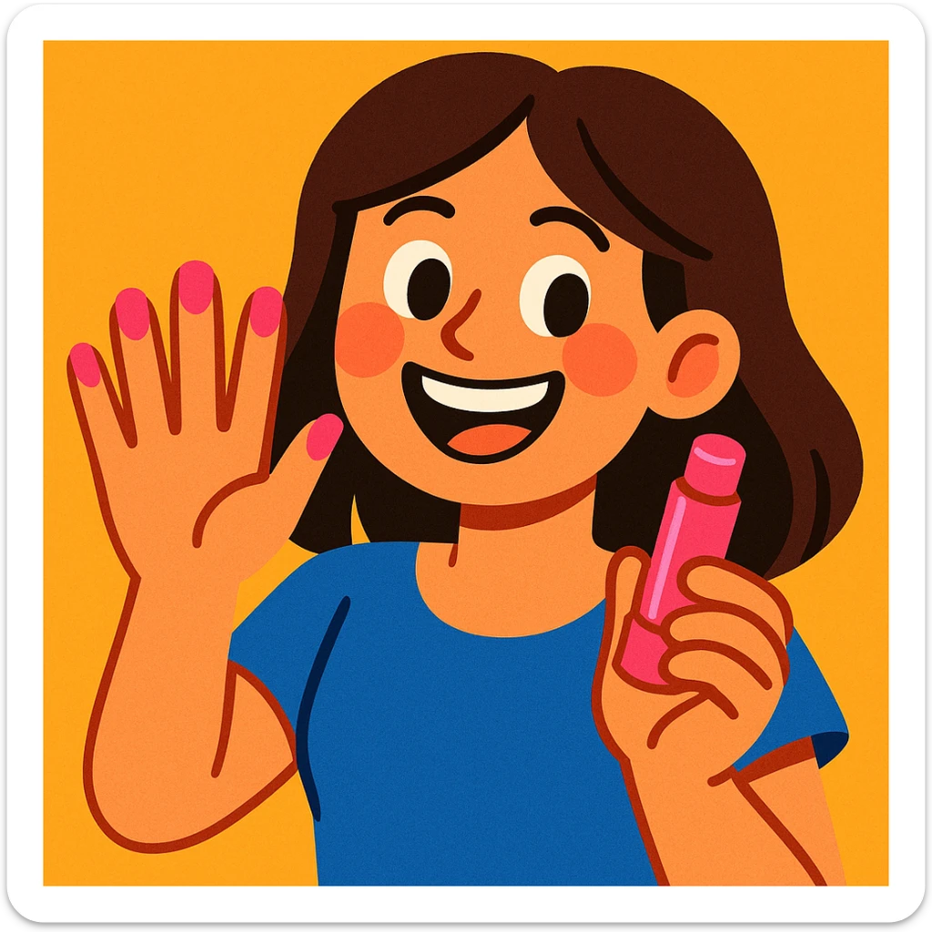 brunette girl happily showing off her pink nails and holding a pink lip balm, vibrant and cheerful style sticker