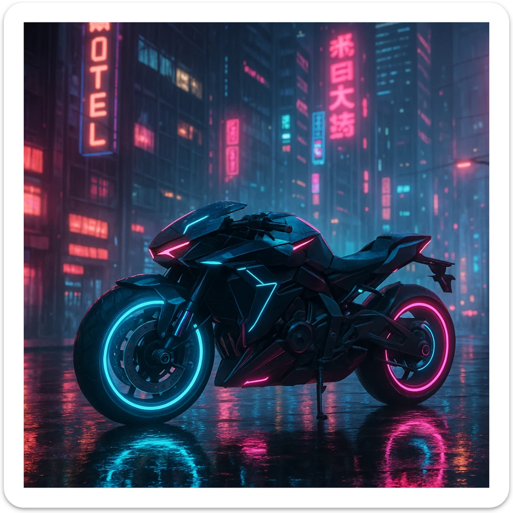 cyberpunk 2077 style motorcycle, glowing wheels, futuristic design, city background, neon accents sticker