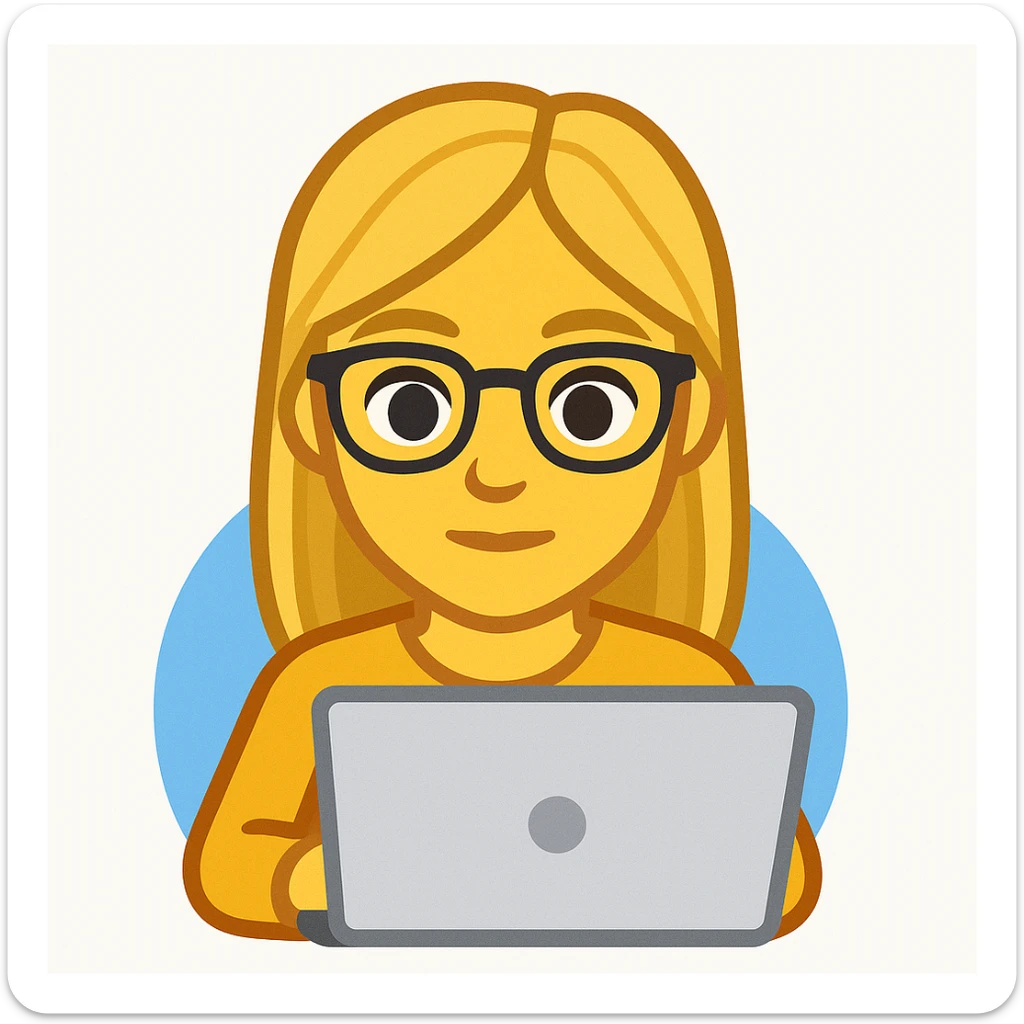 blonde writer woman wearing glasses working on a laptop, twitter style emoji sticker