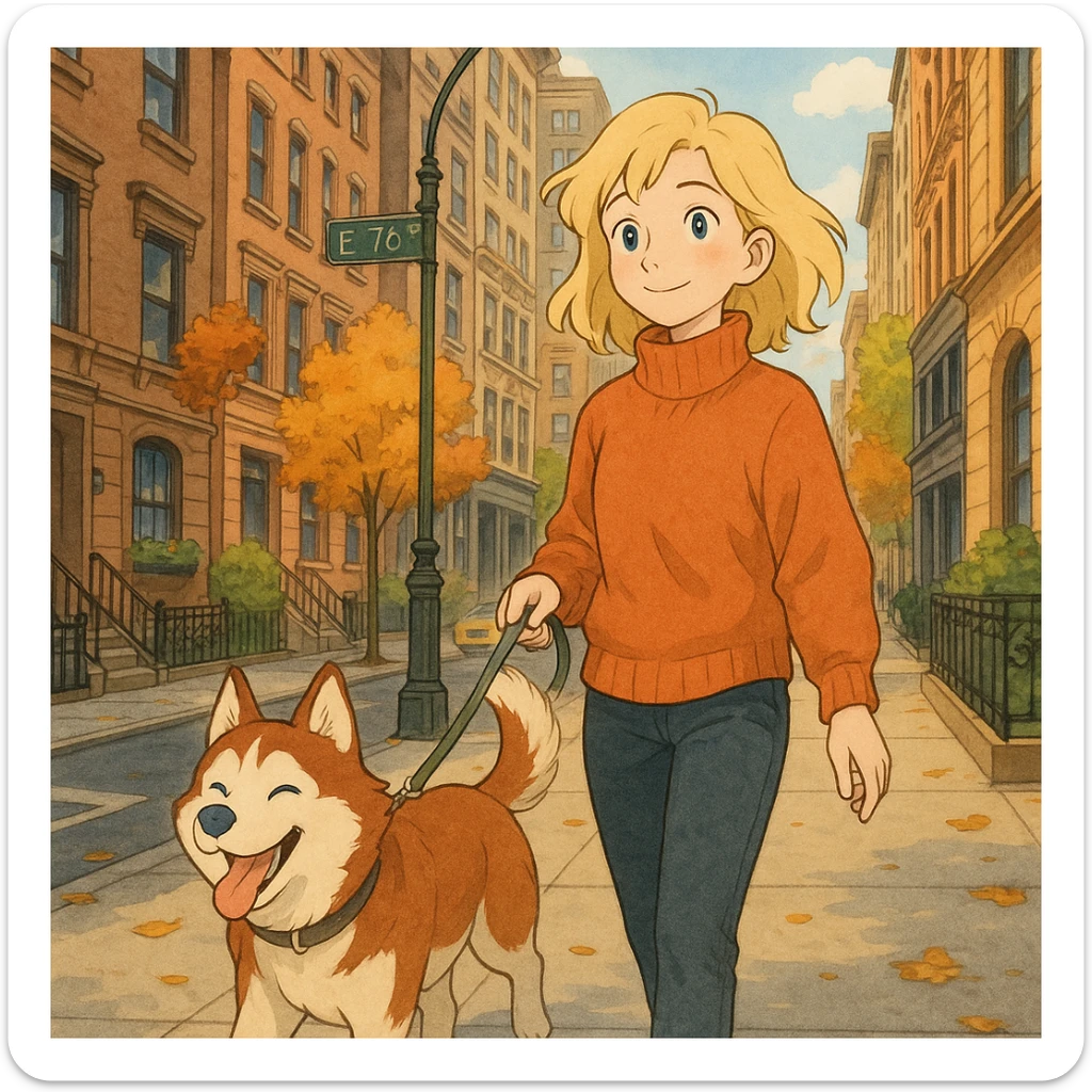 Cute Blonde woman wearing a sweater walking a happy red-brown blue-eyed Siberian husky in New York City on an upper east side city sidewalk  sticker