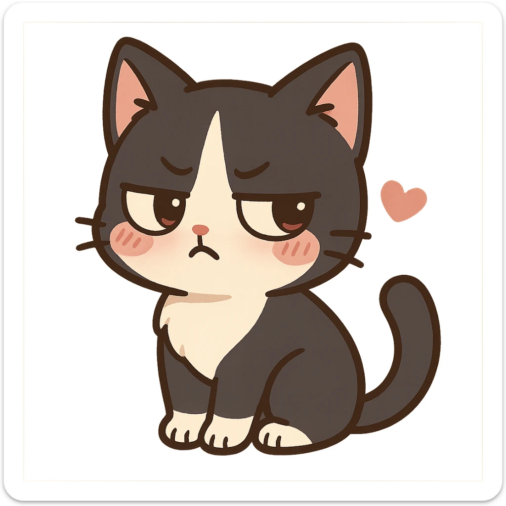 Make a cow cat into a cat in a tuxedo, with black and white fur and a tsundere, cute expression. Keep it in a playful chibi sticker style with no background. sticker