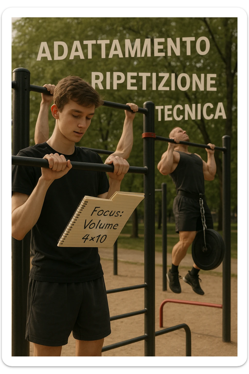 Giovane atleta principiante, fisico asciutto ma non muscoloso, si allena in uno street park con sbarra e parallele. Sta eseguendo serie lunghe di trazioni a corpo libero, concentrato sulla tecnica e sul controllo. Vicino a lui si vede un block notes con scritto a penna 'Focus: Volume, 4x10', mentre in lontananza un altro atleta molto più grosso fa una singola ripetizione con zavorra pesante. Il neofita guarda il suo diario, non gli altri. L’ambiente è sereno, luce naturale, atmosfera di crescita e disciplina. Sullo sfondo si intravedono i concetti scritti in aria con stile metaforico: 'Adattamento', 'Ripetizione', 'Tecnica', fluttuanti accanto a lui sticker