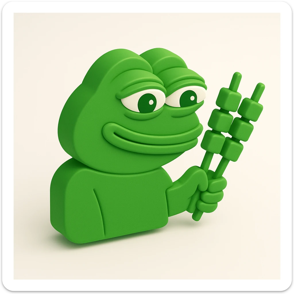 Pepe the Frog in 3D green style holding skewers (shashliks) instead of a bottle, on a white background sticker