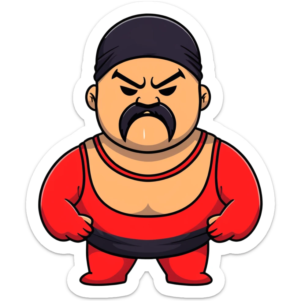 White skin fat guy with prominent black durag, short black beard and mustache, black eyes in a red and black wrestling singlet with angry face sticker