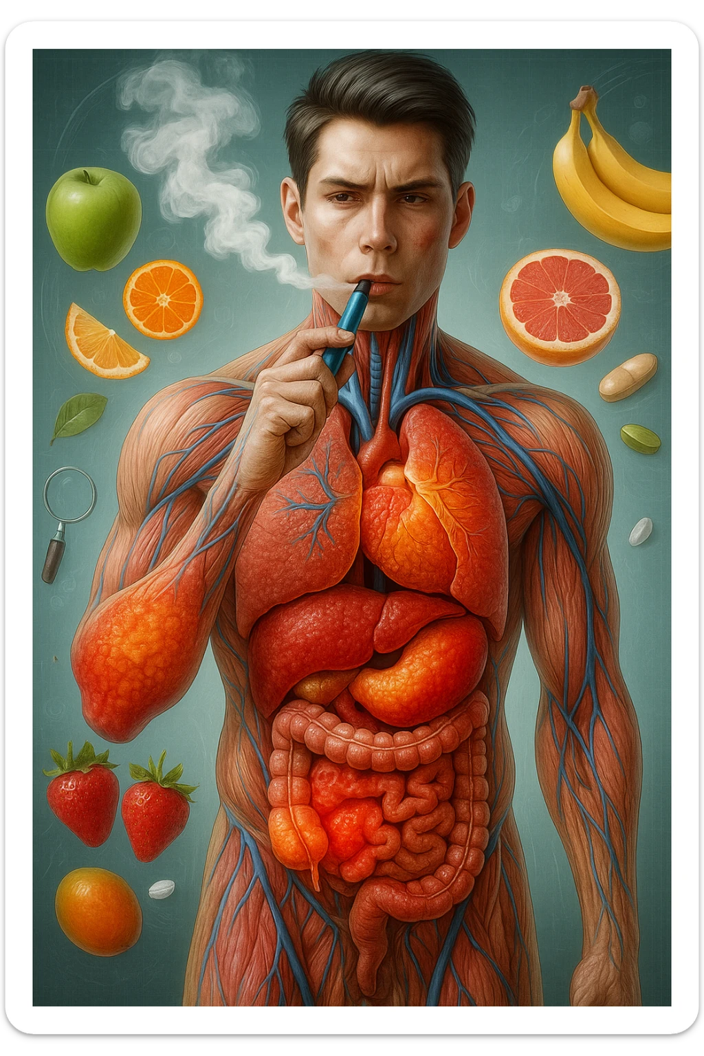 A medical illustration of a realistic human body with inflamed liver and intestine in evidence, while smoking an electronic cigarette, hyperrealistic, identical style to the reference image, vertical 9:16 format. sticker