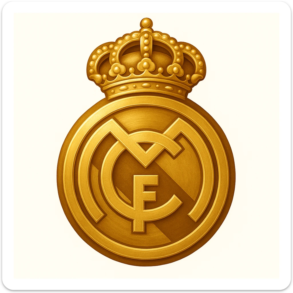 Add a luxurious golden effect to the Real Madrid logo in an emoji style with a simplified design. The style should reflect the look of emoji art with a focus on golden luxury and simplicity in design. sticker
