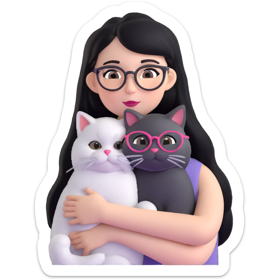 Skinny woman with oval glasses, long straight black hair, pink cheek blush, wearing white sleeveless top, hugging a grey Persian-Angora cat, plain background sticker