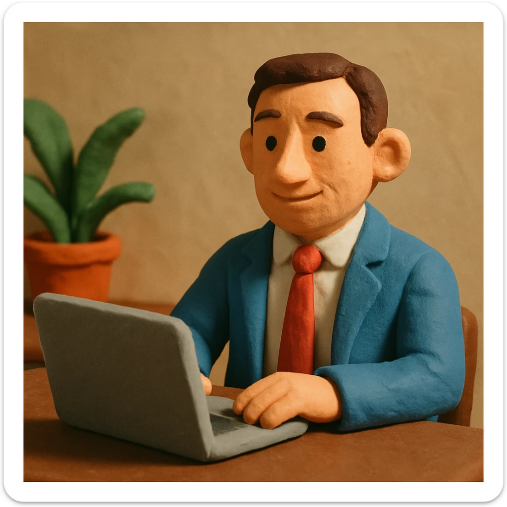 A 35-year-old male business coach sitting at a table with a laptop sticker