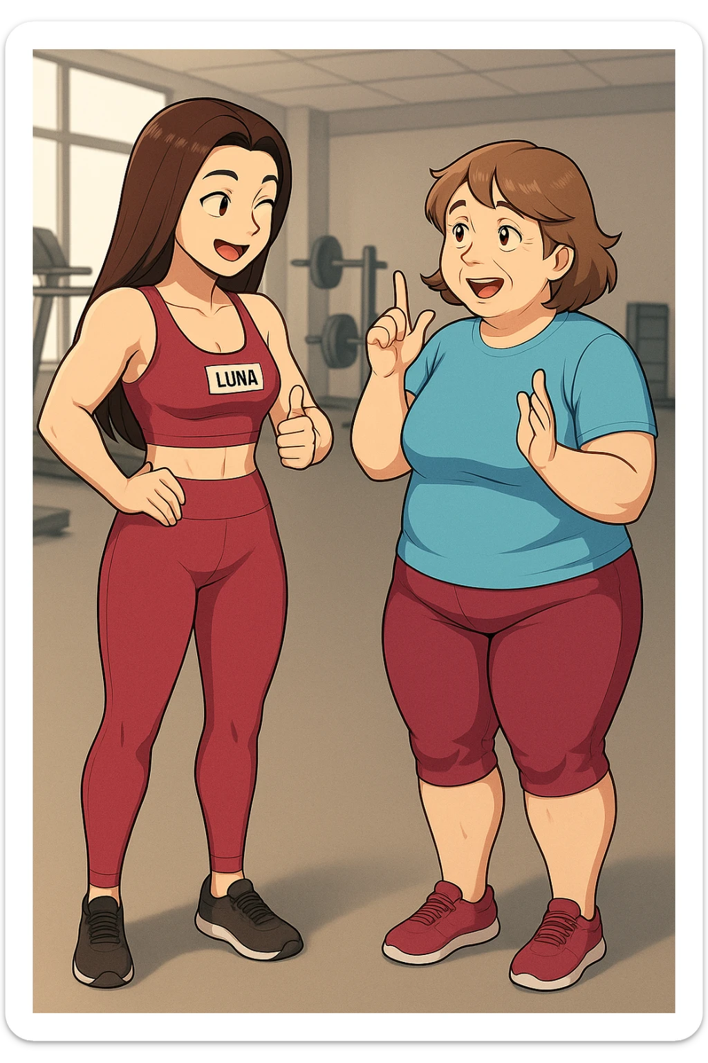 prendi spunto da queste immagini per fare: fai un webtoon/manga a colori con questa personal trainer (falle la scritta "LUNA" SU UNA TARGHETTA APPOSTA SUL TOP SPORTIVO CHE HA), che parla IN PALESTRA con una sua cliente che ha cellulite ed è leggermente in sovrappeso. LA SIGNORA è IN ABITI SPORTIVI E FA UNA DOMANDA A LUNA CON ESPRESSIONE SBALORDITA IN POSITIVO. LUNA ANNUISCE INTUSIASTA. NON FARE I FUMETTI, FAI SOLO LORO COME SE DIALOGASSERO. FAI LE DUE FIGURE A FIGURA INTERA CON IL CORPO INTERAMENTE VISIBILE sticker