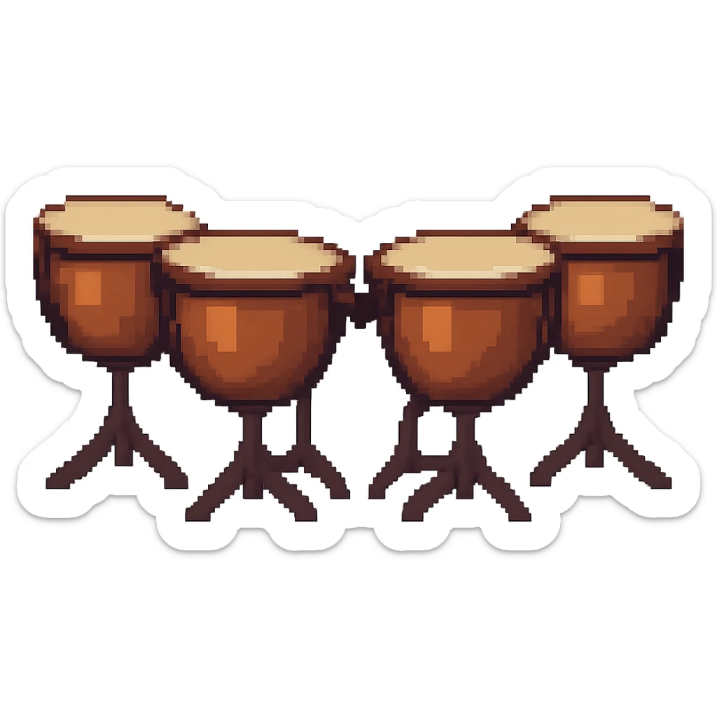 Pixel art style depiction of exactly four timpani drums, no player, all drums brown, with no background, isolated on transparent background. sticker
