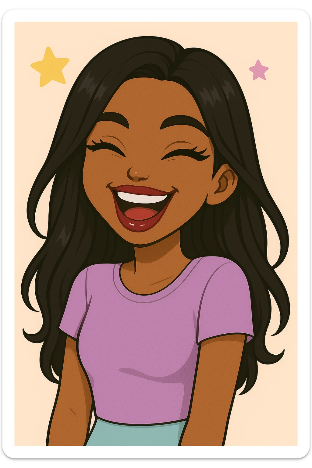 Headshot of a 20-year-old anime Bratz style woman with dark skin, straight hair, laughing uncontrollably, big expressive eyes, glossy lips, cute pastel Y2K look, no hat, no tears. sticker