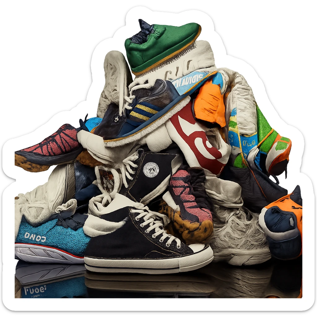 Make the pile of mixed sneakers more realistic in a photorealistic style with a transparent background. sticker