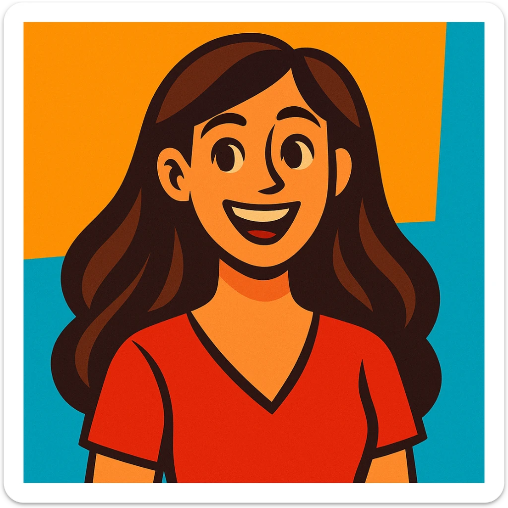 a woman with long chocolate brown hair wearing a red v-neck top, vibrant cartoon style sticker