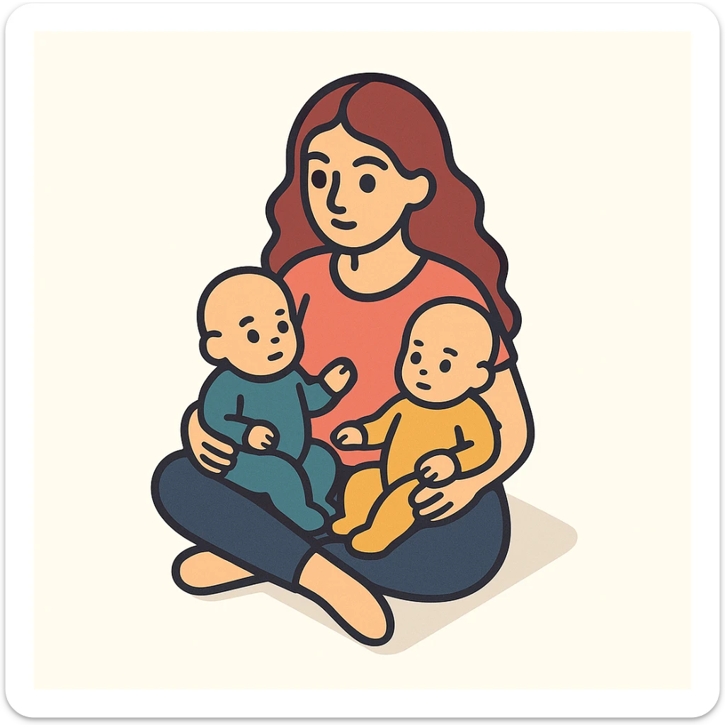 A woman with long wavy hair, large expressive eyes and lips, sitting cross-legged with two babies on her lap, with soft shadows and highlights, in 2D isometric illustration style, inspired by the reference image. sticker
