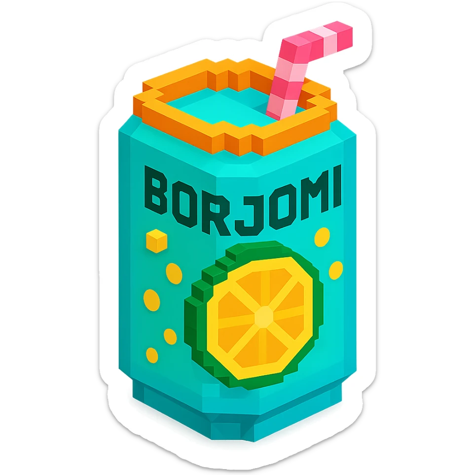 Borjomi lemonade can with a playful design, including bubbles and a straw sticker