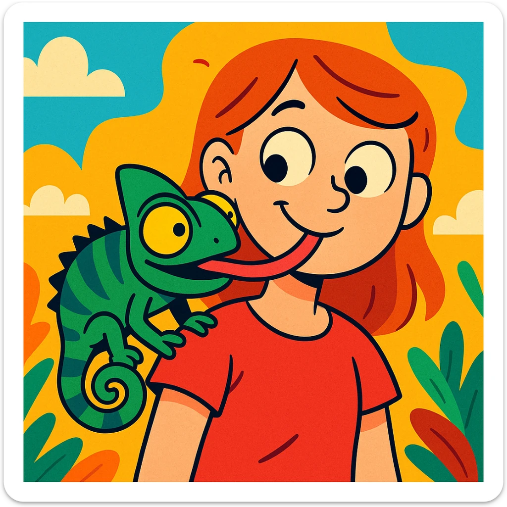 cartoon chameleon with large eyes and long tongue licking a girl's shoulder, humorous, bright colors sticker
