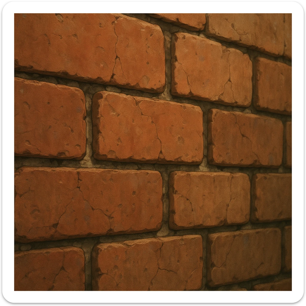 close-up of a brick wall in ghibli style, detailed red and brown bricks, rough texture, visible mortar, natural lighting, slight weathering, cracks, shallow depth of field sticker