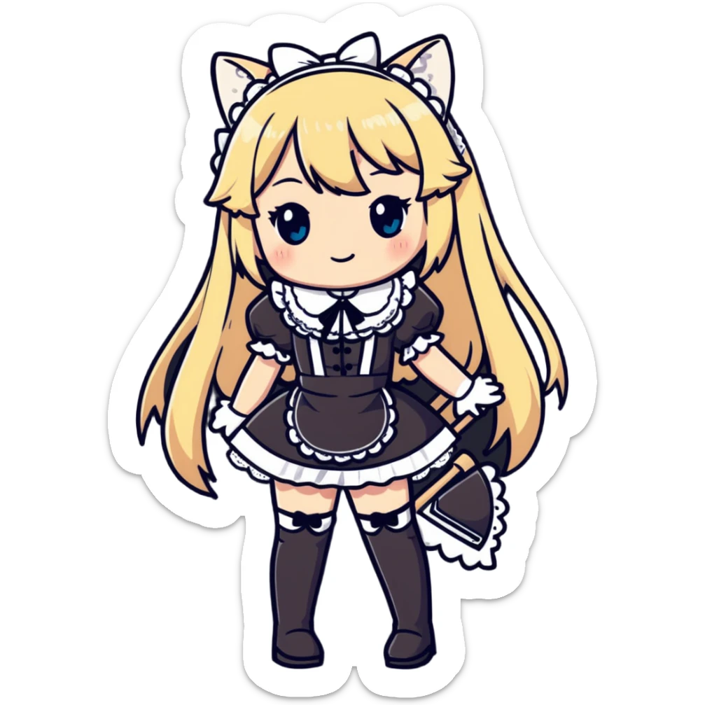 petite blonde catgirl woman long hair freckles shy lace French maid thigh highs sticker