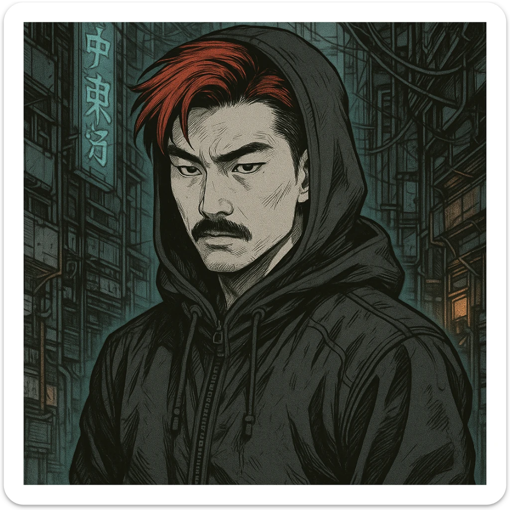 Asian man with black mustache, red hair, black hoodie, Japanese manga style inspired by Ghost in the Shell, cyberpunk atmosphere, detailed linework, monochrome with subtle color accents sticker