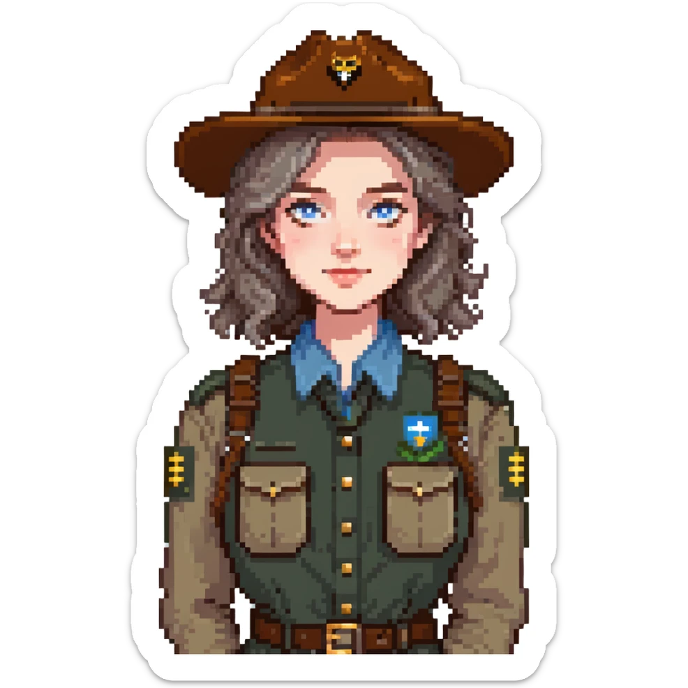 white woman park ranger with brown and gray hair and blue eyes sticker
