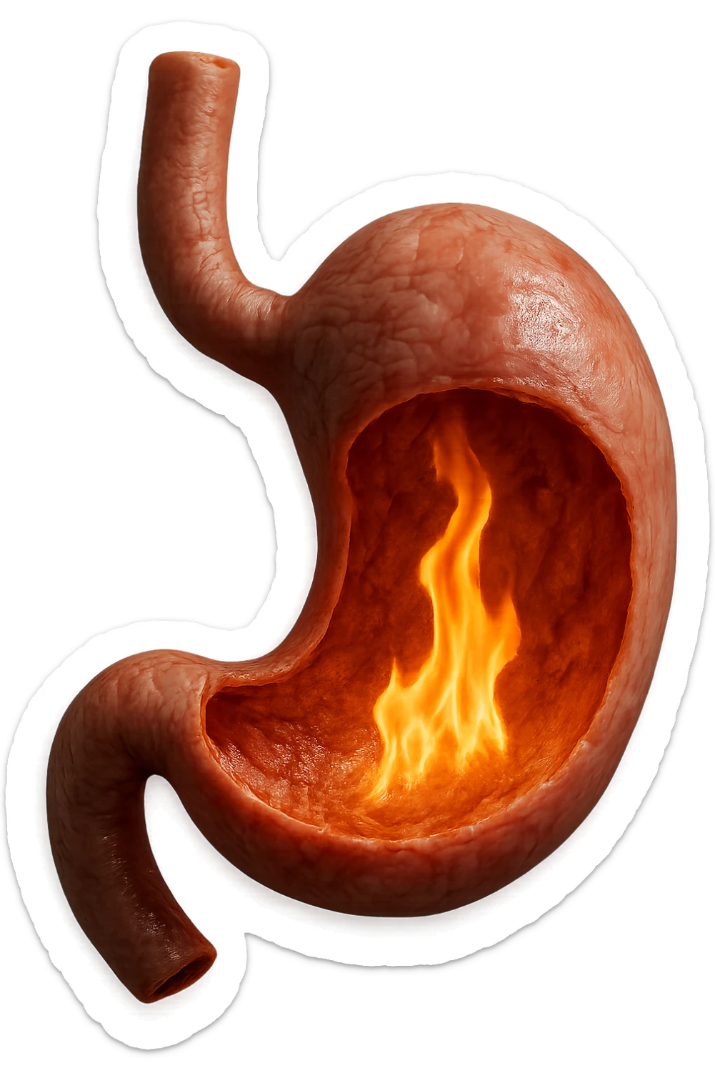 stomaco umano anatomico  con fiamma che brucia all'interno, iperrealistico 4k sticker