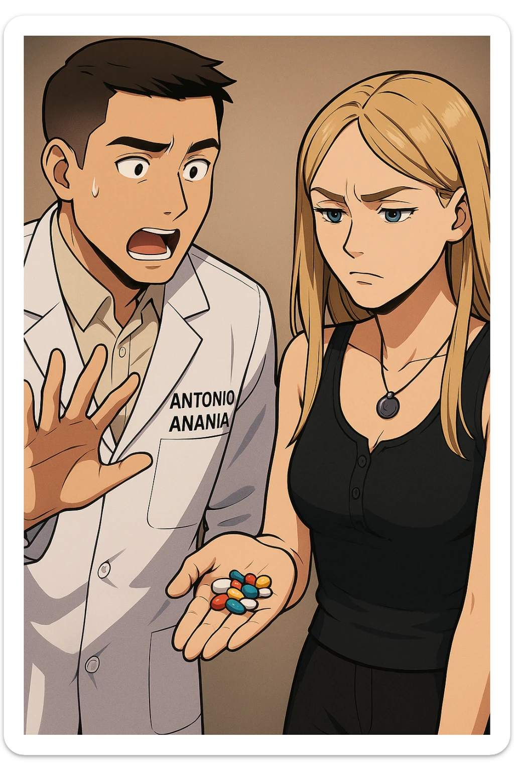 fai un webtoon/manga a colori con questo kinesiologo in camice bianco (fagli la scritta "ANTONIO ANANIA" SUL CAMICE) CHE PARLA CON QUESTA RAGAZZA. LA RAGAZZA HA UN PUGNO DI INTEGRATORI IN MANO (TANTE PILLOLE DIVERSE) E LE GUARDA DUBBIOSA. IL KINESIOLOGO CON IL CAMICE BIANCO LE DOMANDA UNA COSA SCIOCCATO. NON FARE I FUMETTI, FAI SOLO LORO COME SE DIALOGASSERO sticker