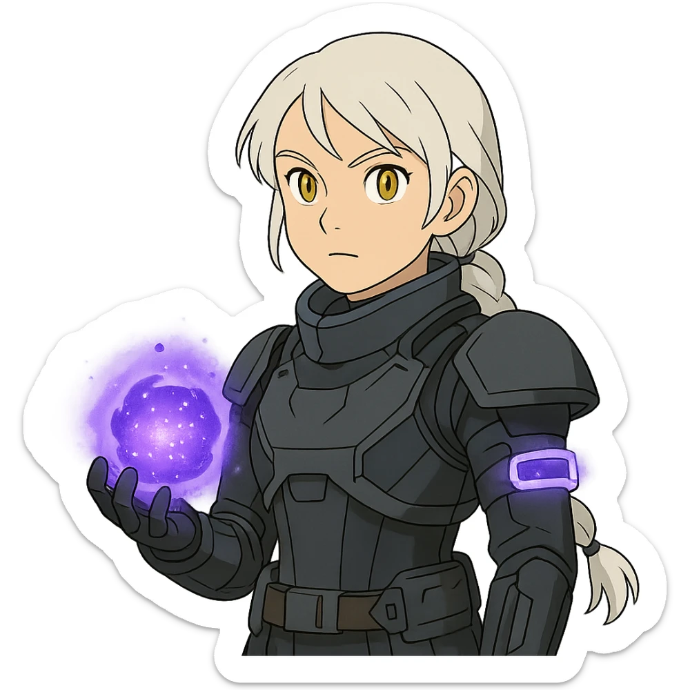 1 female, white hair long braid, gold yellow eyes, no helmet, a novice warlock from Destiny 2 armor, charging a void grenade in her hand, futuristic technology, with a glowing warlock bond, level 1 warlock sticker