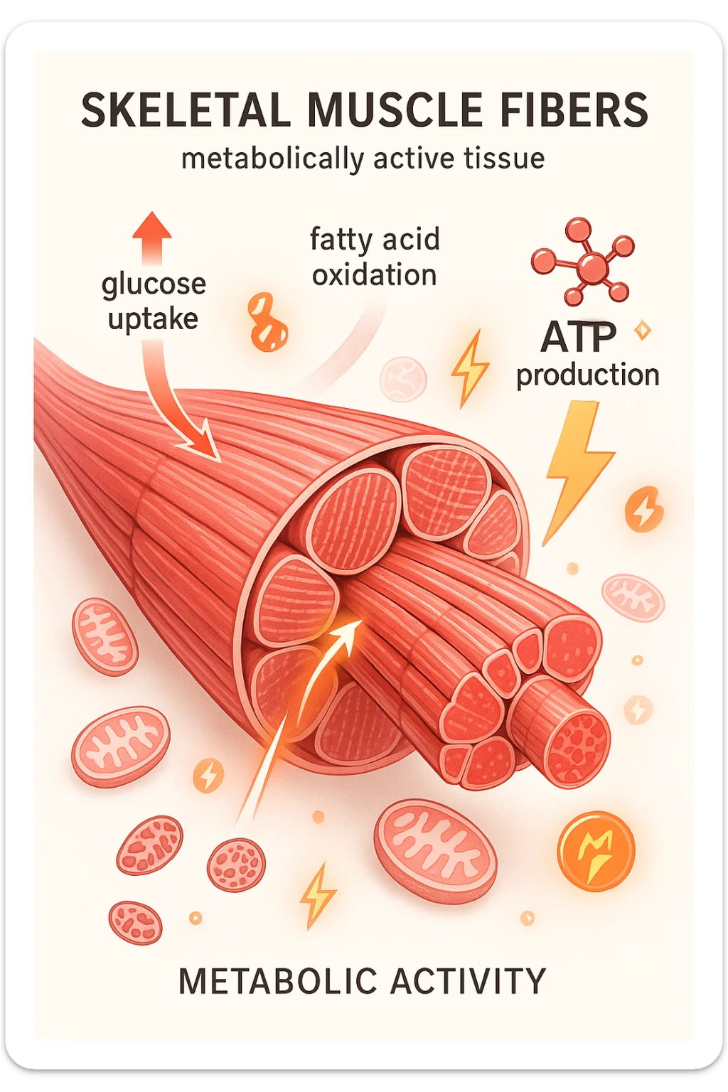 a highly detailed cross-section of human skeletal muscle fibers, shown in vibrant red and pink tones, with visible striations and realistic texture. Glowing arrows and animated icons represent active metabolic processes—such as glucose uptake, fat oxidation, and ATP production—occurring within the muscle tissue. Surrounding the muscle, floating symbols for mitochondria and energy highlight its metabolic activity. The background is clean and clinical, with subtle labels and infographics explaining that muscle is a metabolically active tissue. The overall style is modern, scientific, and visually engaging, suitable for educational or medical use. in italiano sticker