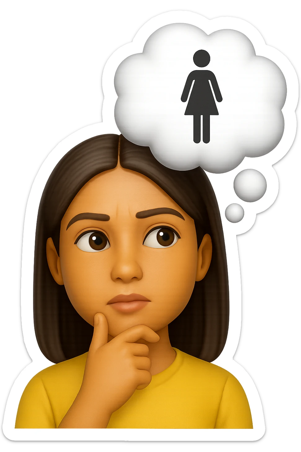 emoji stile iphone di una donna con nuvoletta di pensiero con all'interno la toilet per donne, iperrealistico 4k sticker