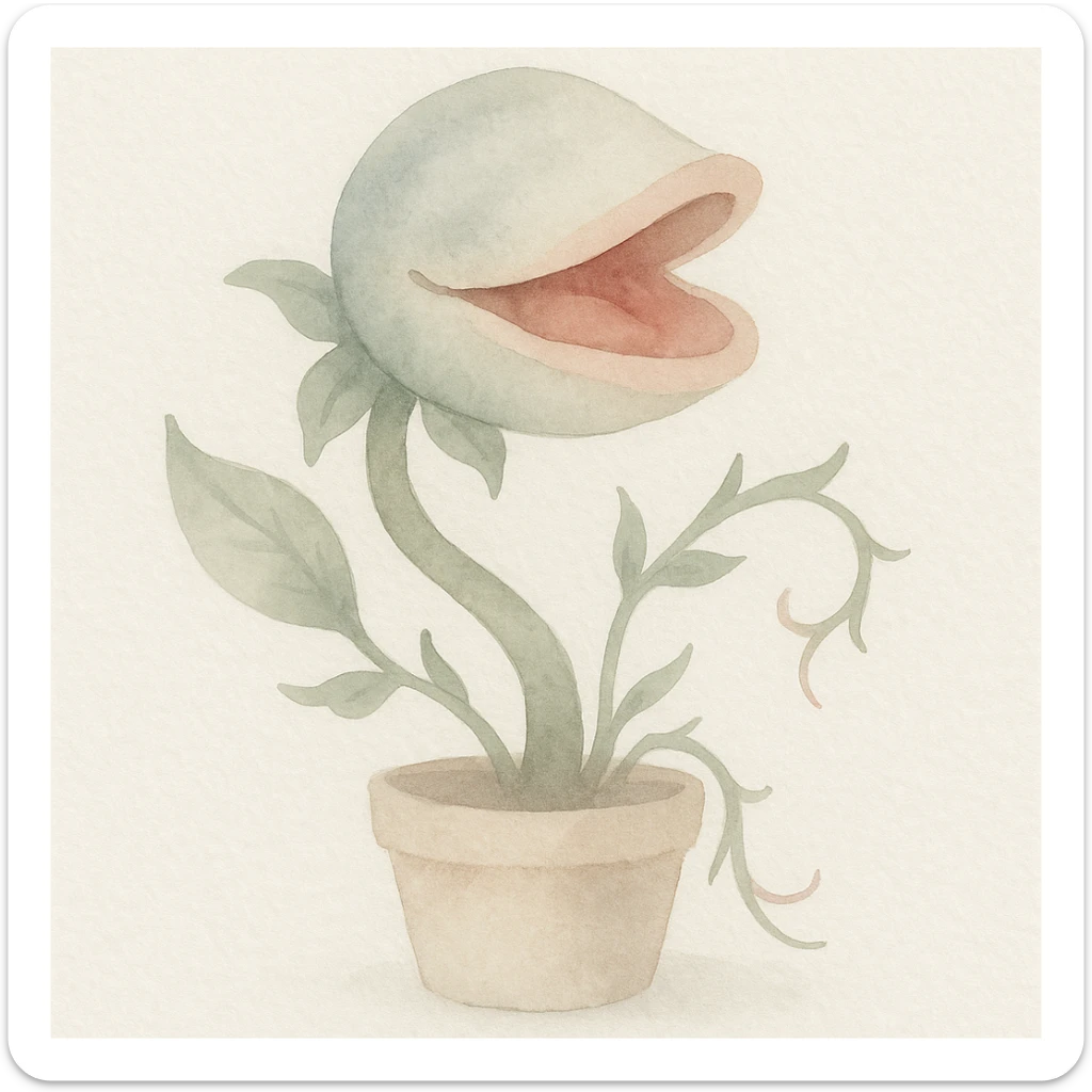Audrey II, the carnivorous carnivorous plant from Little Shop of Horrors, watercolor illustration style sticker