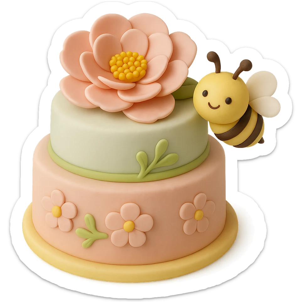 Add a cute bee next to the pink flower in fondant cake art style, keeping the cake-like appearance and colors consistent. sticker
