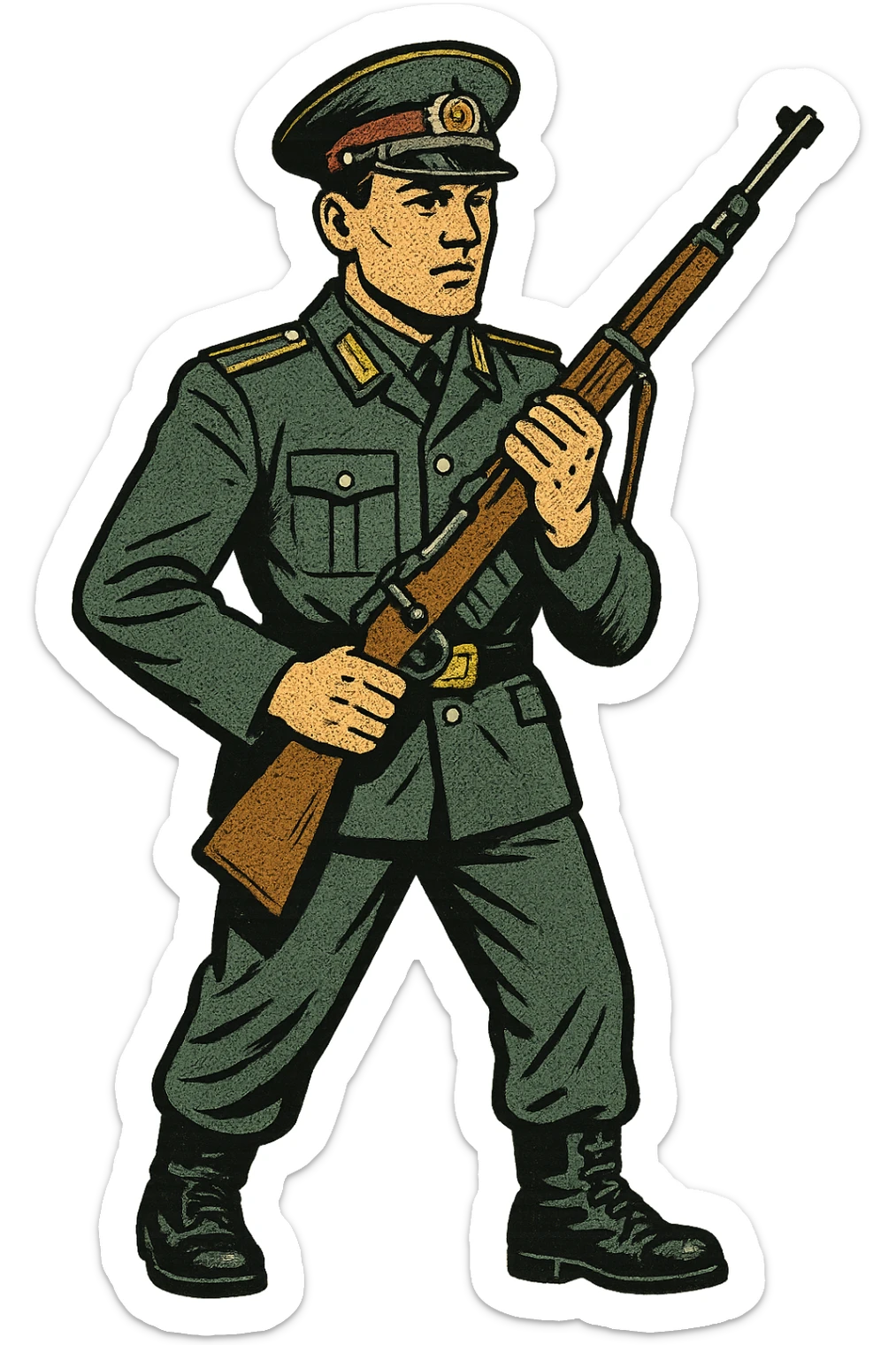 The full body of an east German soviet border guard holding a 1950s rifle close to his body sticker