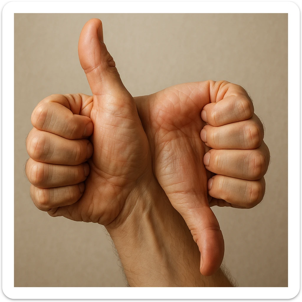 realistic detailed illustration of a hand with two thumbs, one thumb up and one thumb down sticker