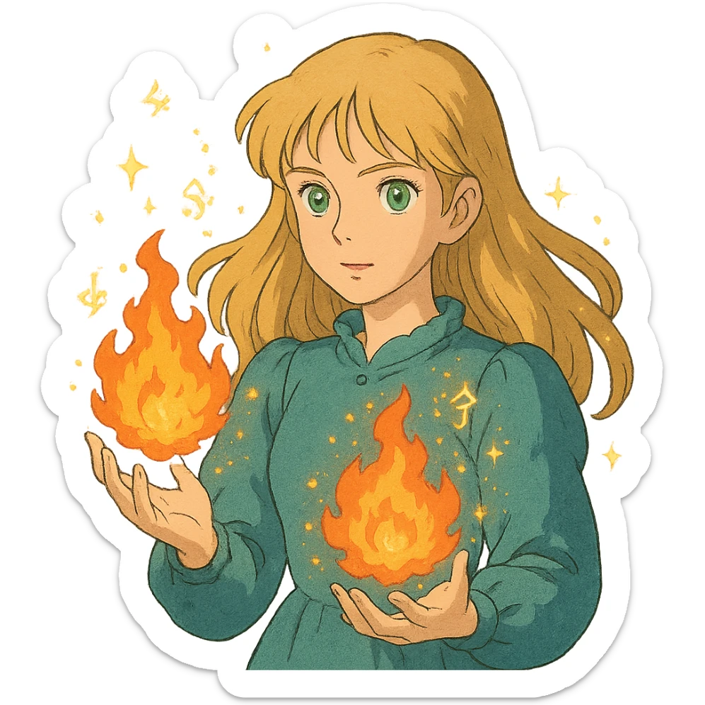 blonde woman with green eyes, fireballs in her hands, magical sparkles and glowing runes, ghibli style sticker