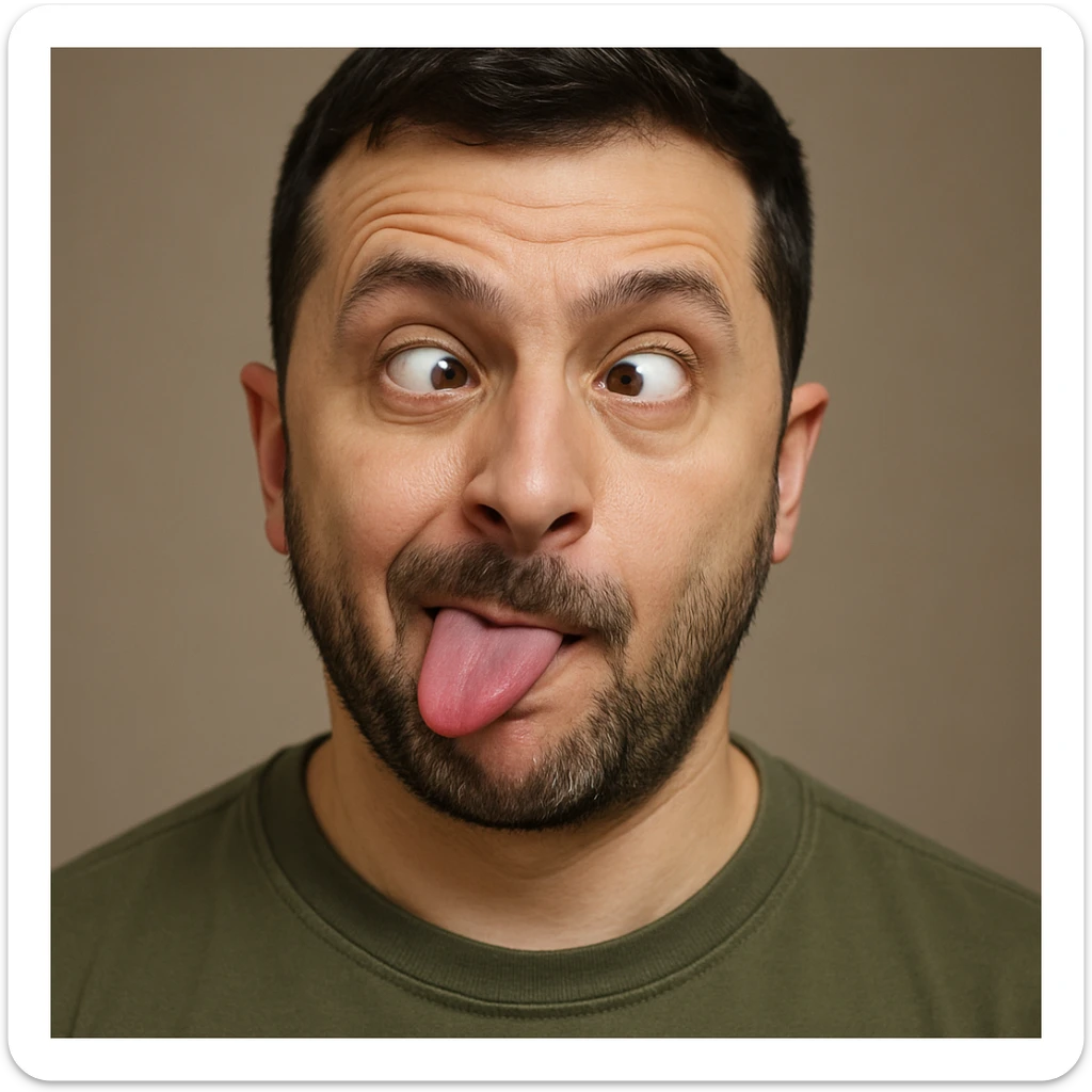 Vladimir Zelensky, photorealistic, emoji style, making a playful silly face sticker