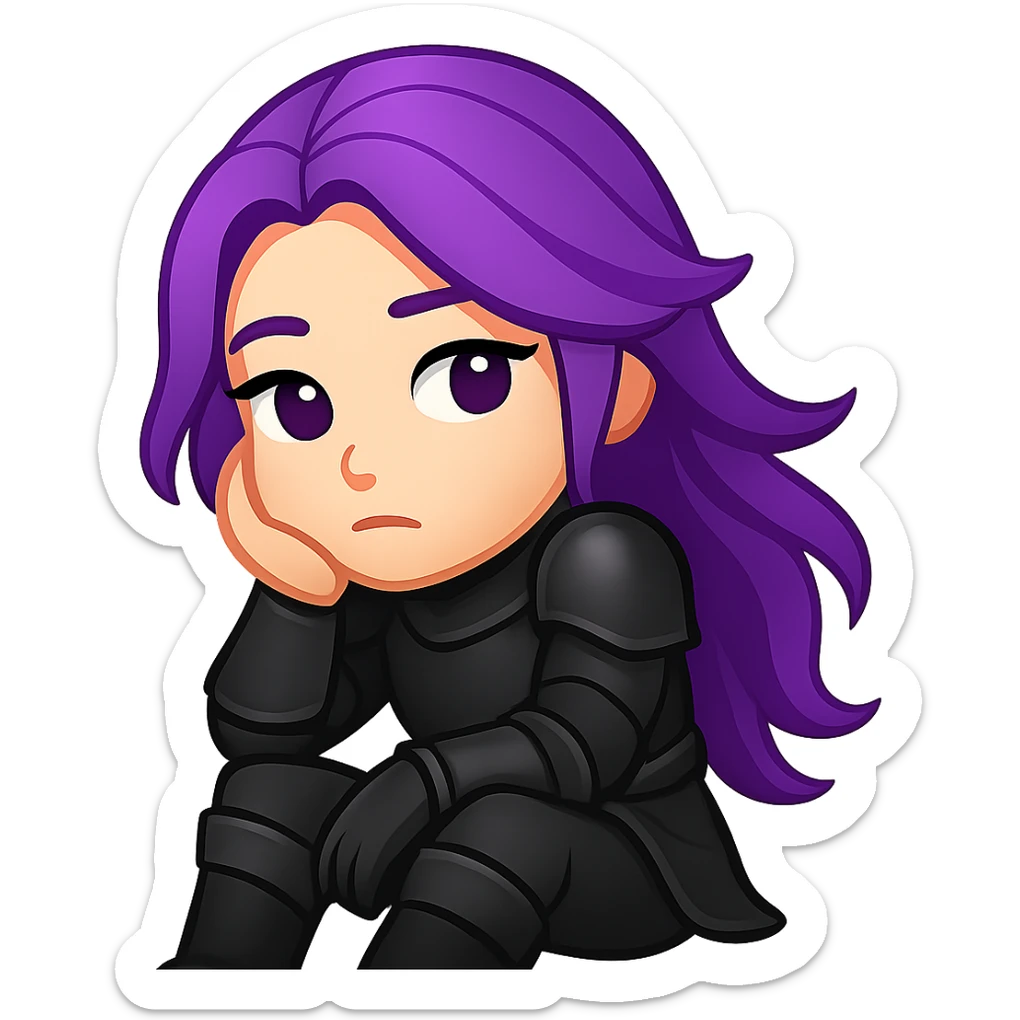 Create an emoji style image of a mysterious warrior girl with flowing purple hair and black armor sitting with one knee up, looking thoughtful. Keep the style and colors consistent with the reference image. No background. sticker