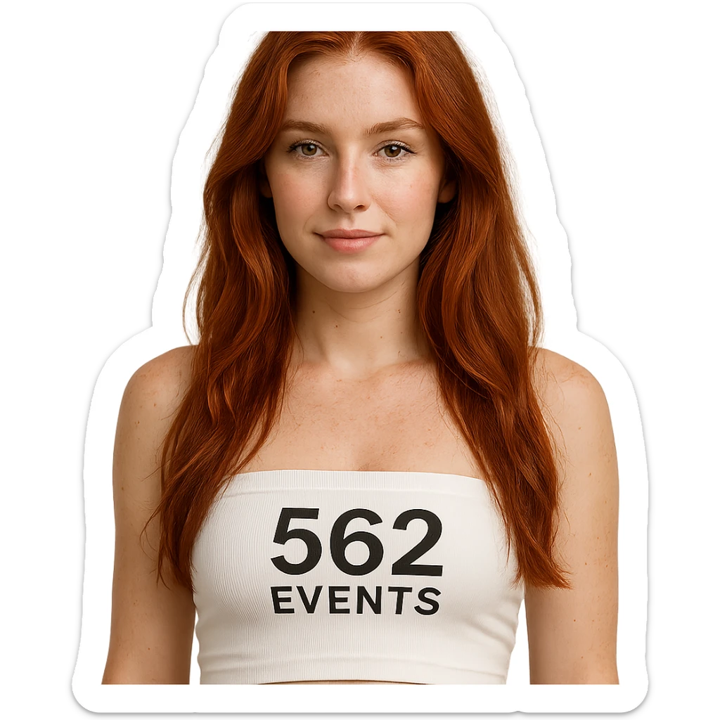 realistic woman with long red hair, wearing a white tube top labeled '562 Events' sticker