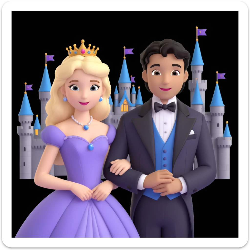 prince and princess Disney dress close up photo in castle background sticker