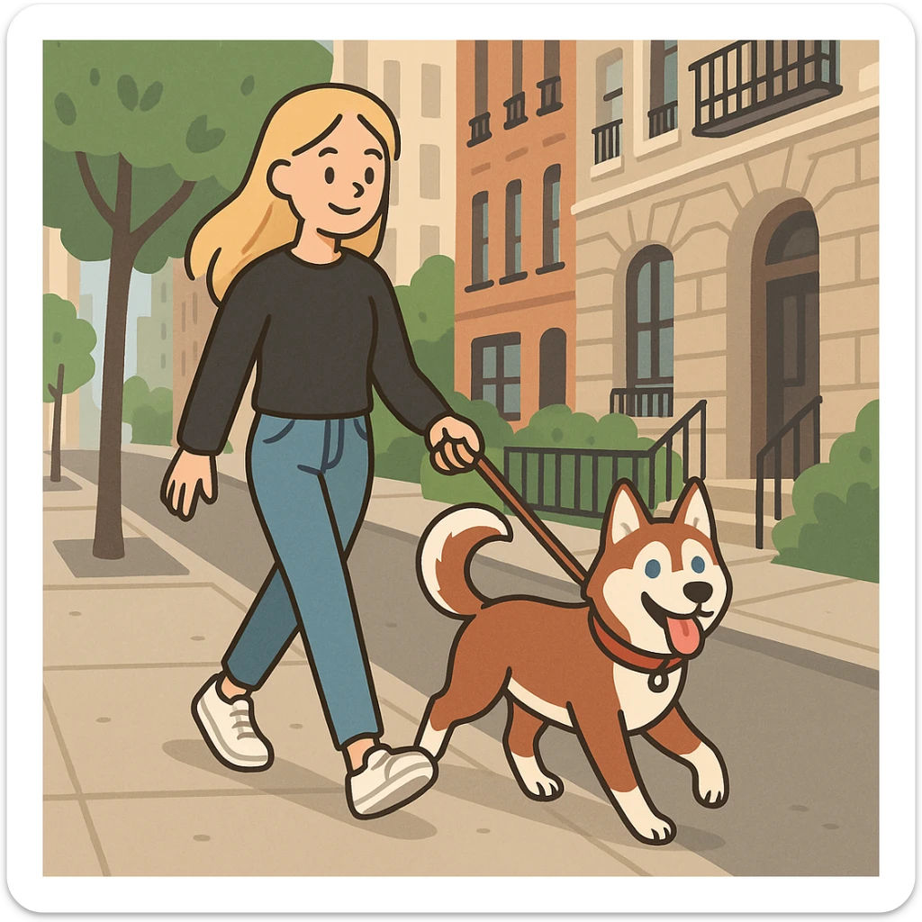 Cute Blonde woman wearing a black sweater and jeans and white sneakers walking a happy red-brown blue-eyed Siberian husky in New York City on an upper east side city sidewalk, flat toon style  sticker