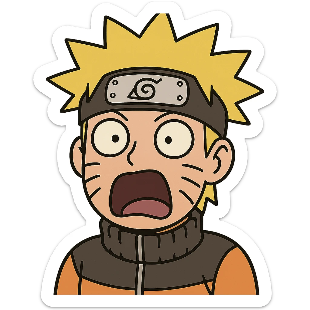 shocked Naruto with spiky blond hair, wide eyes, mouth open, orange headband, simplified anime style for emoji sticker