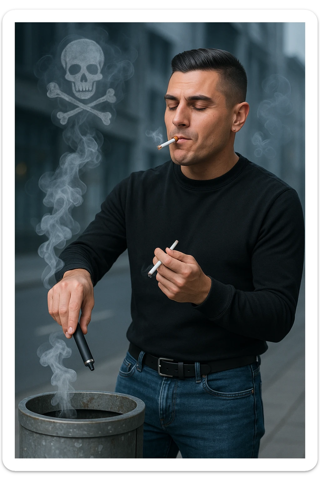 Adult man in casual clothes, inspired by the face in the reference photo, throwing an electronic cigarette into a trash bin while lighting a traditional cigarette with the other hand. Satisfied but unaware expression. In the background, light symbols of smoke and health damage manifesting from both cigarettes. Urban atmosphere, cold light, critical or reflective tone. Realistic style with symbolic accents. sticker