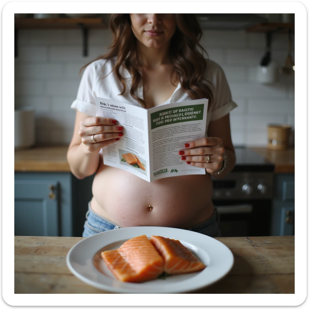 realistic pregnant woman in 4K in a kitchen, reading an informational brochure about the risks of raw fish during pregnancy, with a plate of raw salmon on the table being set aside sticker