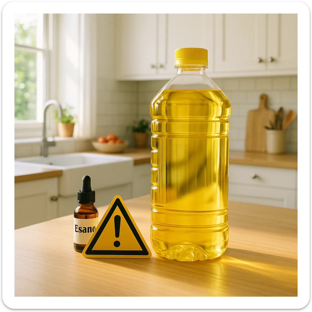 bright and healthy kitchen with an elegant bottle of vegetable oil (sunflower or soybean) prominently displayed; nearby a small bottle labeled 'Esano' and a warning sign to create visual tension; natural light with delicate shadow on the oil bottle sticker