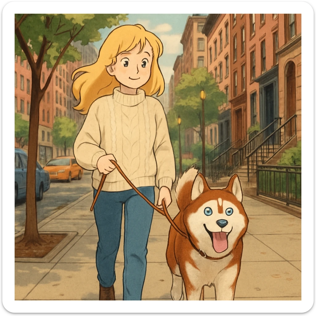 Cute Blonde woman wearing a sweater walking a happy red-brown blue-eyed Siberian husky in New York City on an upper east side city sidewalk  sticker