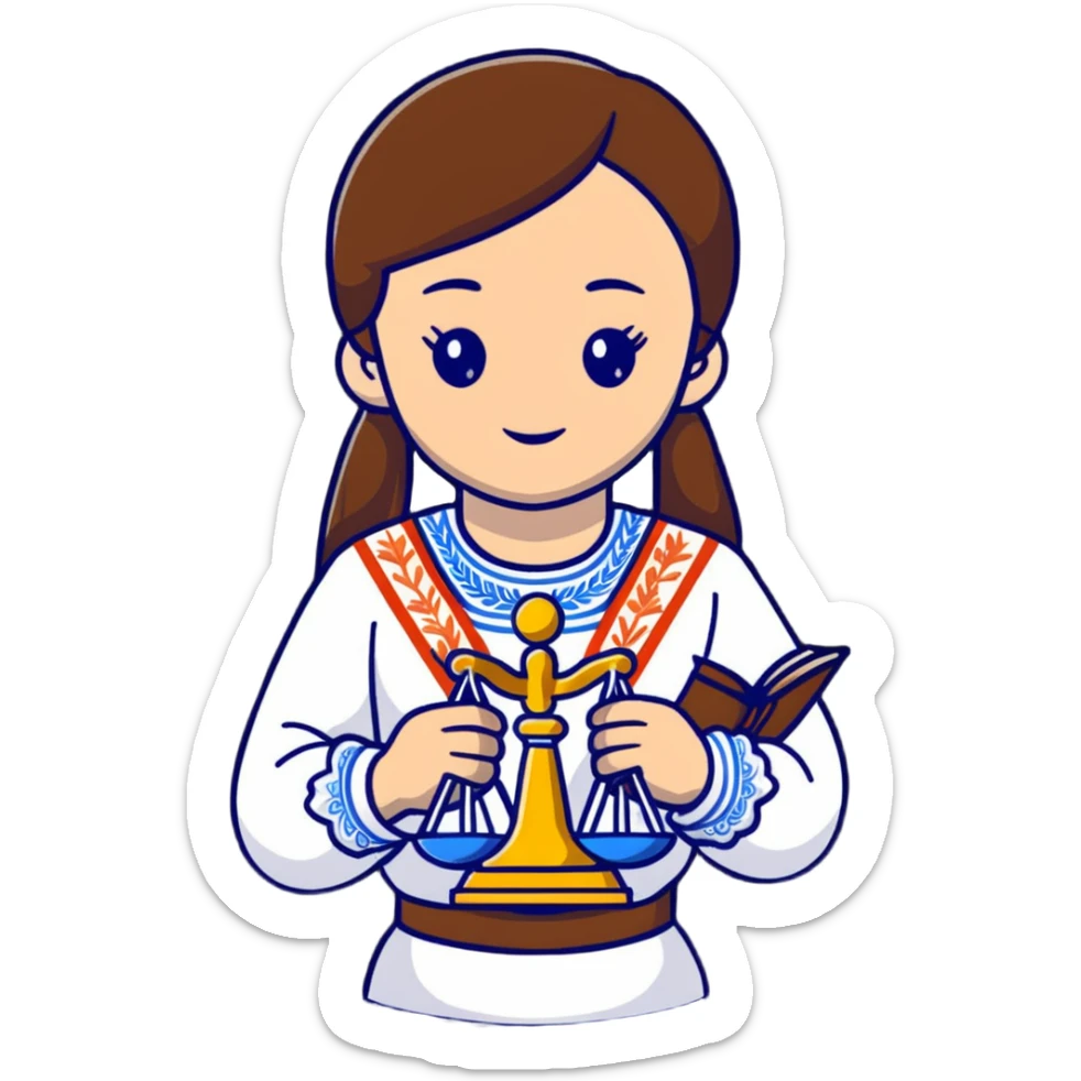 Ukrainian girl with brown hair wearing a traditional embroidered vyshyvanka shirt, holding scales of justice in her hand sticker
