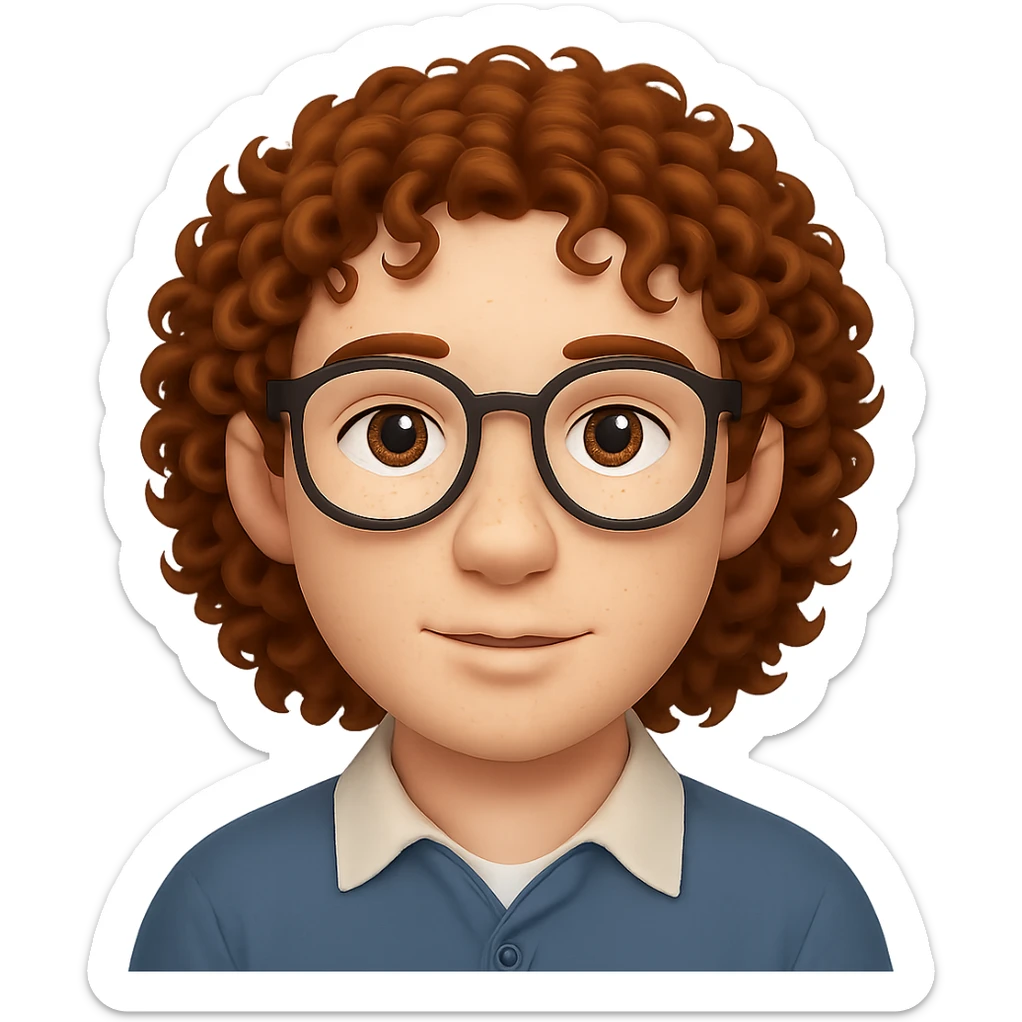 Add glasses to the freckled man with curly hair in emoji style, no background. sticker