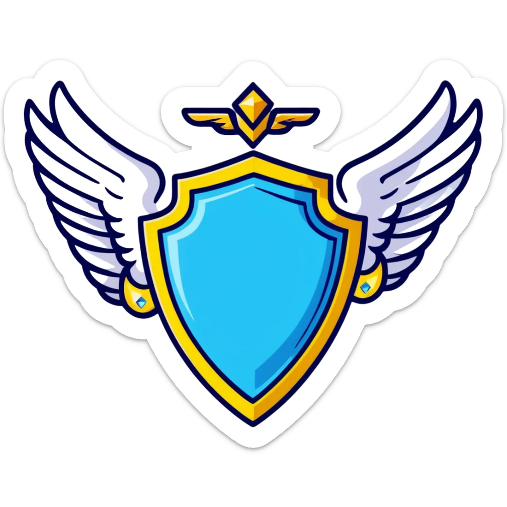 Premium shield badge with angel wings and a big shiny blue diamond in the center with VIP text sticker