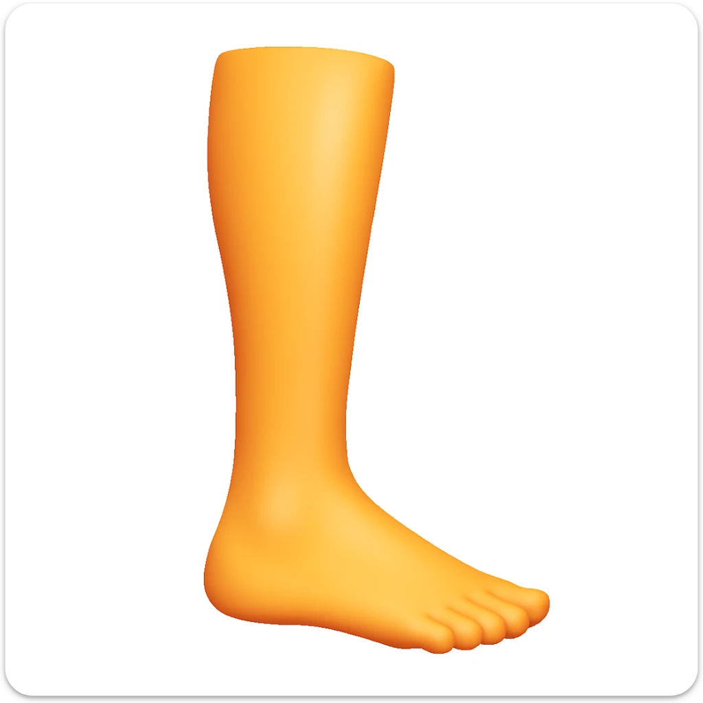 Create a single leg emoji that looks exactly like one of the legs in the reference image, in iOS emoji style. The emoji should have 3D appearance, shiny surface, smooth gradients, soft shadows, and a realistic leg and foot with the classic emoji look. Add a subtle highlight to the shin. sticker