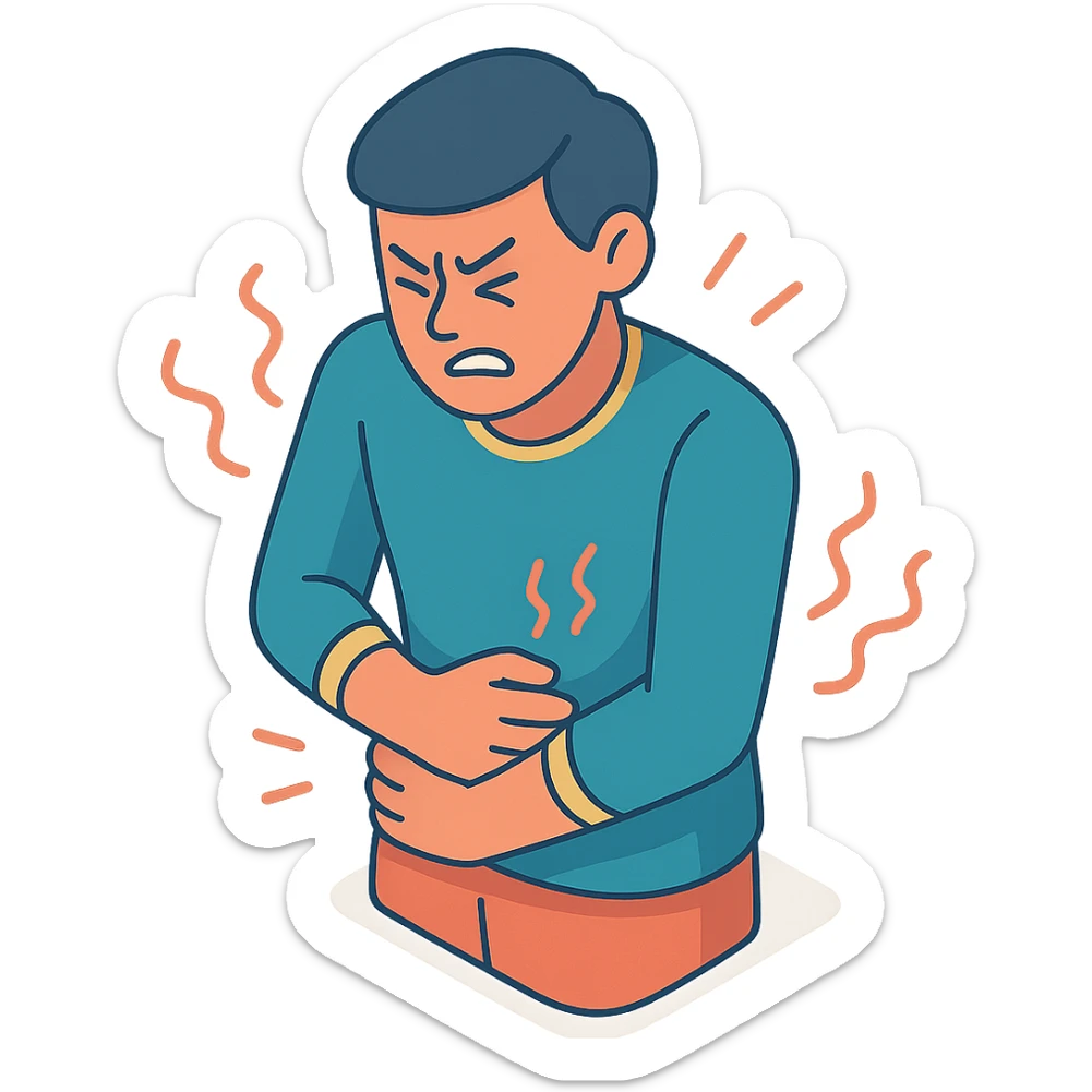 A half-body figure holding their stomach, writhing in pain with waves of pain around them, in 2d-isometric style with shadows and highlights. Focus on torso, stomach, arms, and expression of pain. Variant similar to the second in the previous series but with arms crossed over the stomach. Transparent background. sticker